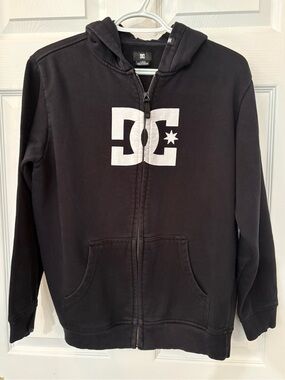 DC Black Zip Hoodie with White Logo Youth Size L